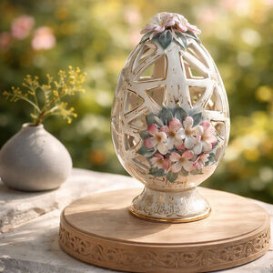 Vintage Cottagecore Russian Fenix White Gold Floral Cutout Ceramic Egg Decor